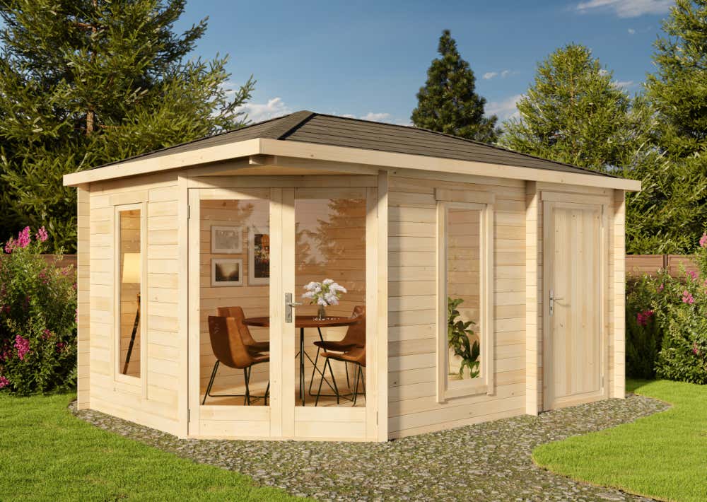 20 % Rabatt: 5-Eck Gartenhaus Liwa Compact mit Anbau 15m²