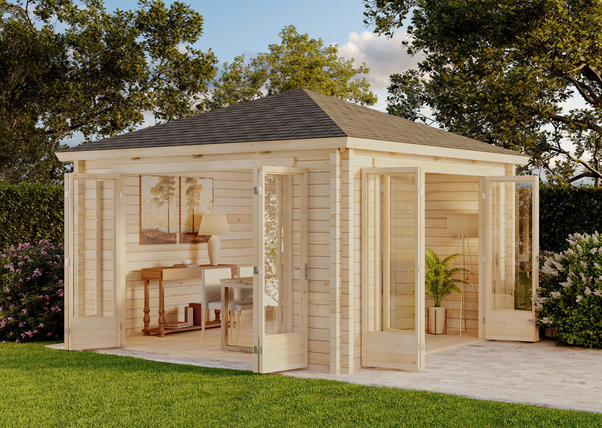 20 % Rabatt: Gartenhaus Sunshine mit großer Falttür 16m²
